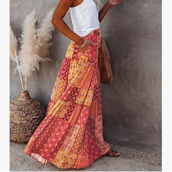 New Boho Print Elastic High Waist Pleated Ruffle Flowy Long Skirt - Picture 3 of 6